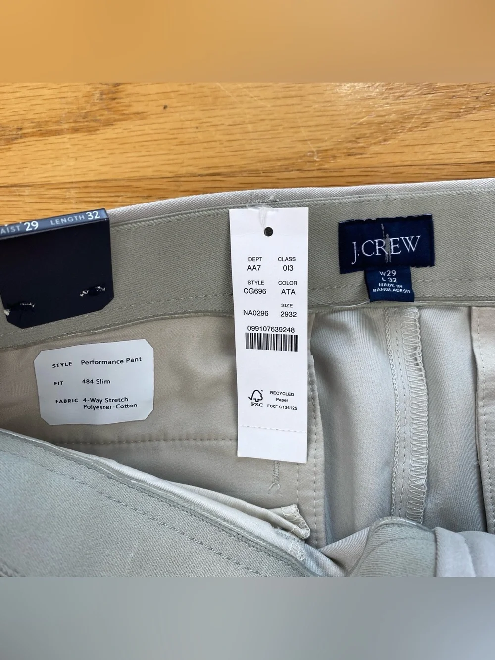 J.Crew 484 Slim-fit Tech Pants, color Ashen Taupe, Men’s Size 29x32 NWT
